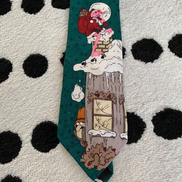 Vintage 1993 Pink Panther Christmas Tie Green Silk Inspector Clouseau Retro - Picture 2 of 8